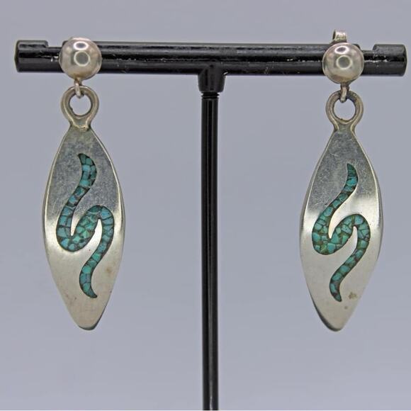 S. Dixon Sterling Silver Turquoise Chip Inlay Dangle Earrings. - Picture 2 of 6